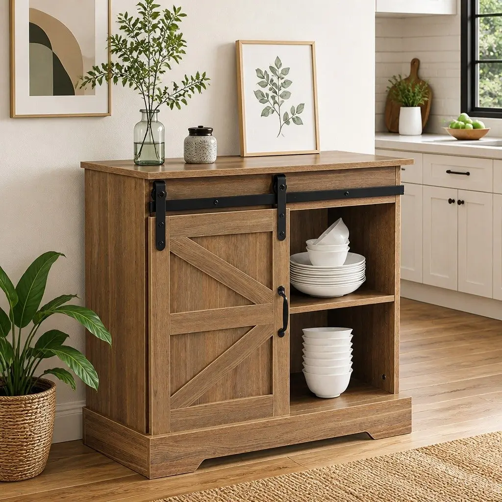 Rustic Sideboard Storage Cabinet with Sliding Barn Door Kitchen Buffet Cupboard