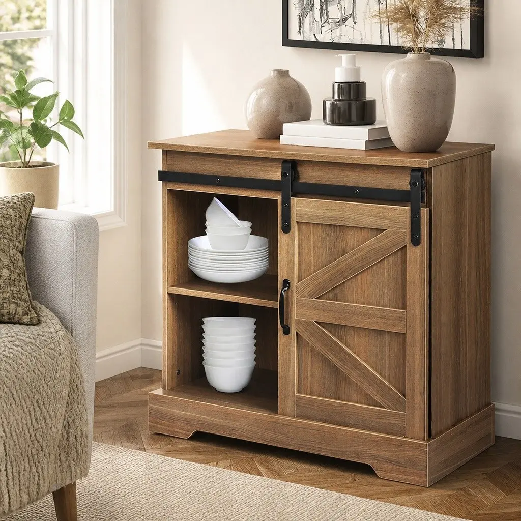 Rustic Sideboard Storage Cabinet with Sliding Barn Door Kitchen Buffet Cupboard