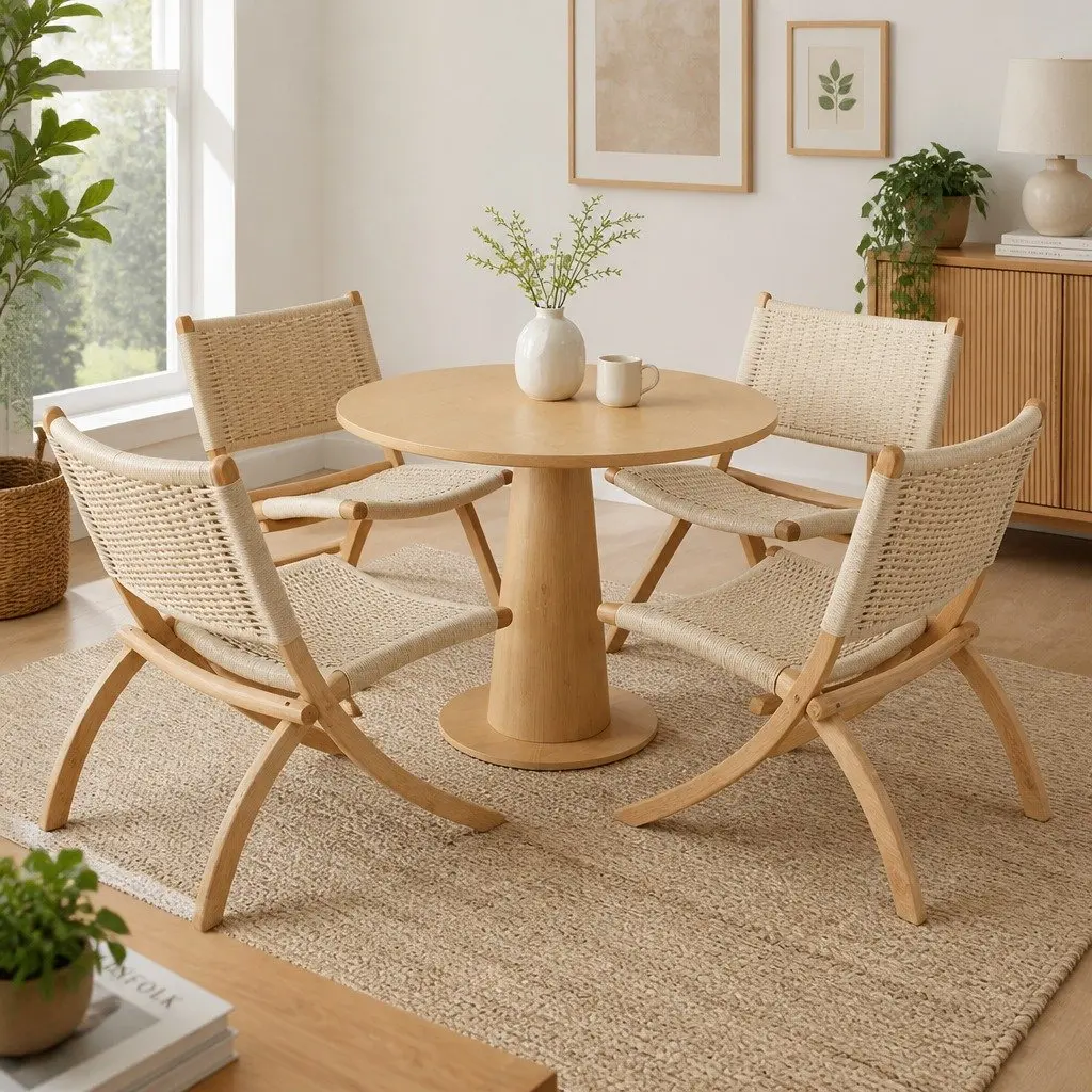 Folding Accent Chair Set 4x Foldable Recliner Natural Wood Seating