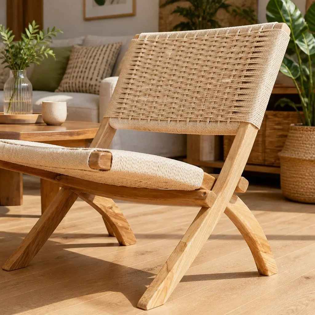Folding Accent Chair Wooden Recliner Natural 66cm x 64cm x 77cm Set of 6