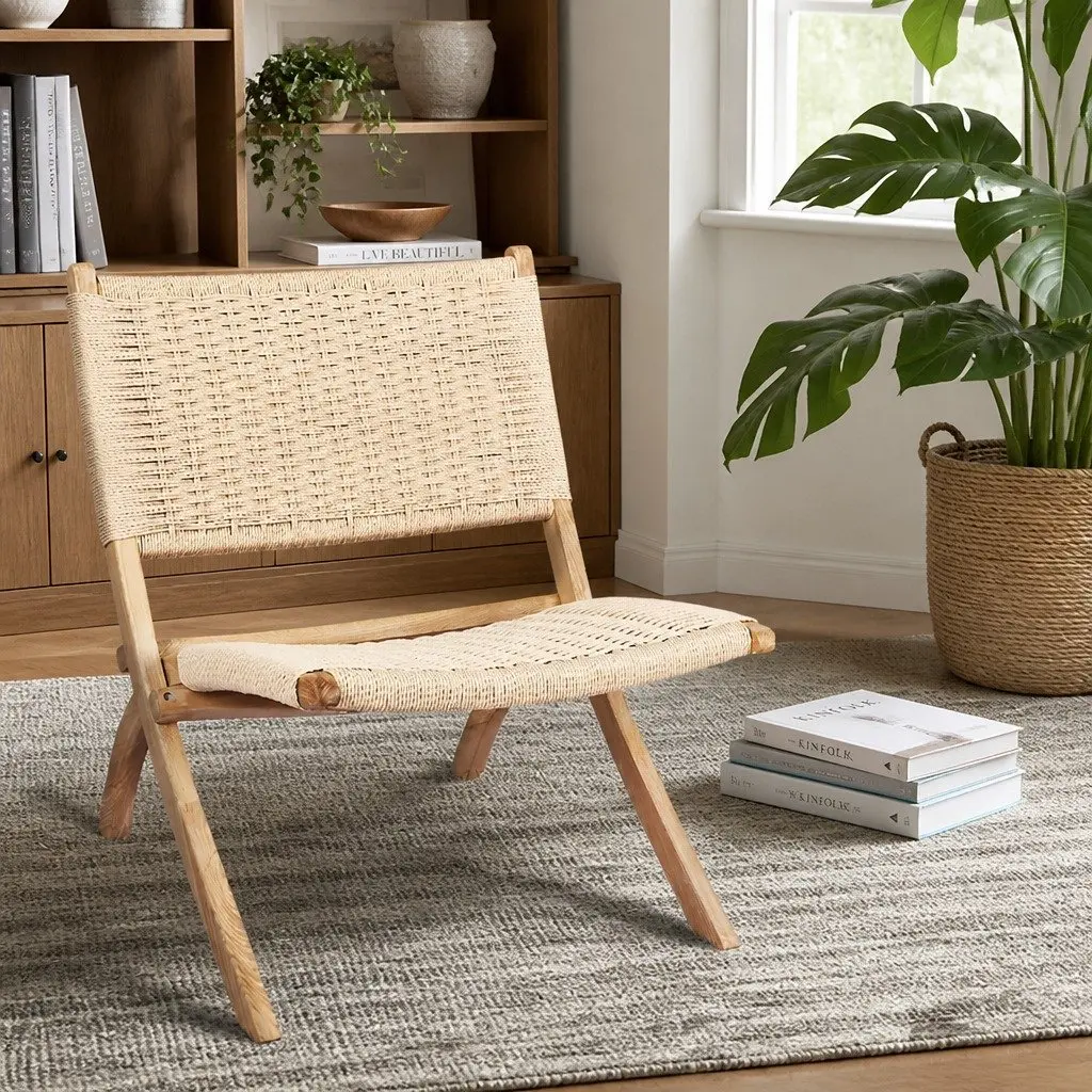 Folding Accent Chair Set of 8 Wooden Recliner Natural 66cm L x 64cm W x 77cm H for Home Dining Garden Patio