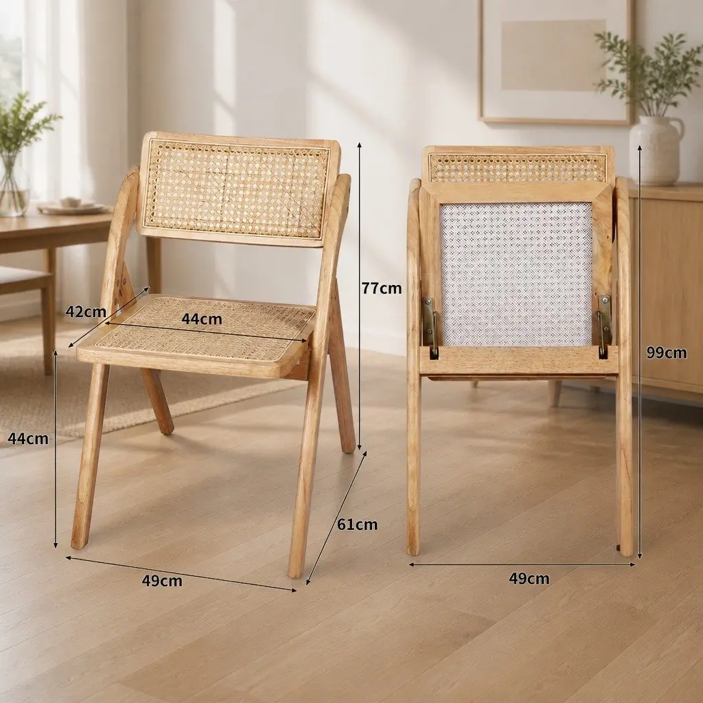 Foldable Dining Chairs Natural Rattan Rubber Wood Set 4X