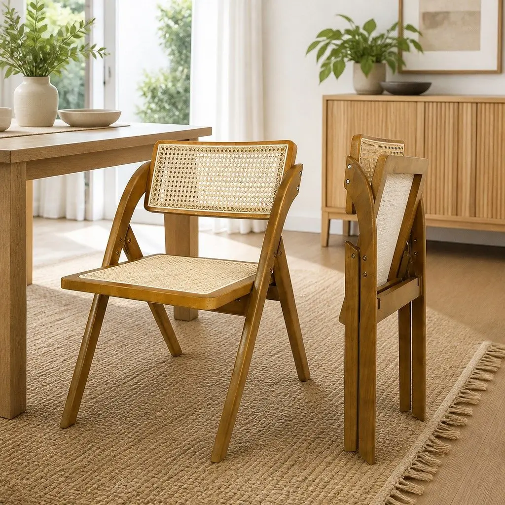 Foldable Rattan Dining Chairs Walnut Wood Frame Set of 4