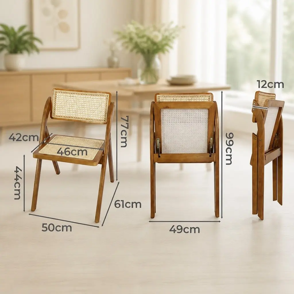 Foldable Rattan Dining Chairs Walnut Wood Frame Set of 4
