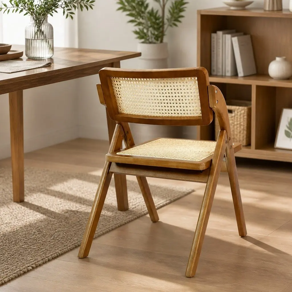 Foldable Rattan Dining Chairs Walnut Wood Frame Set of 4