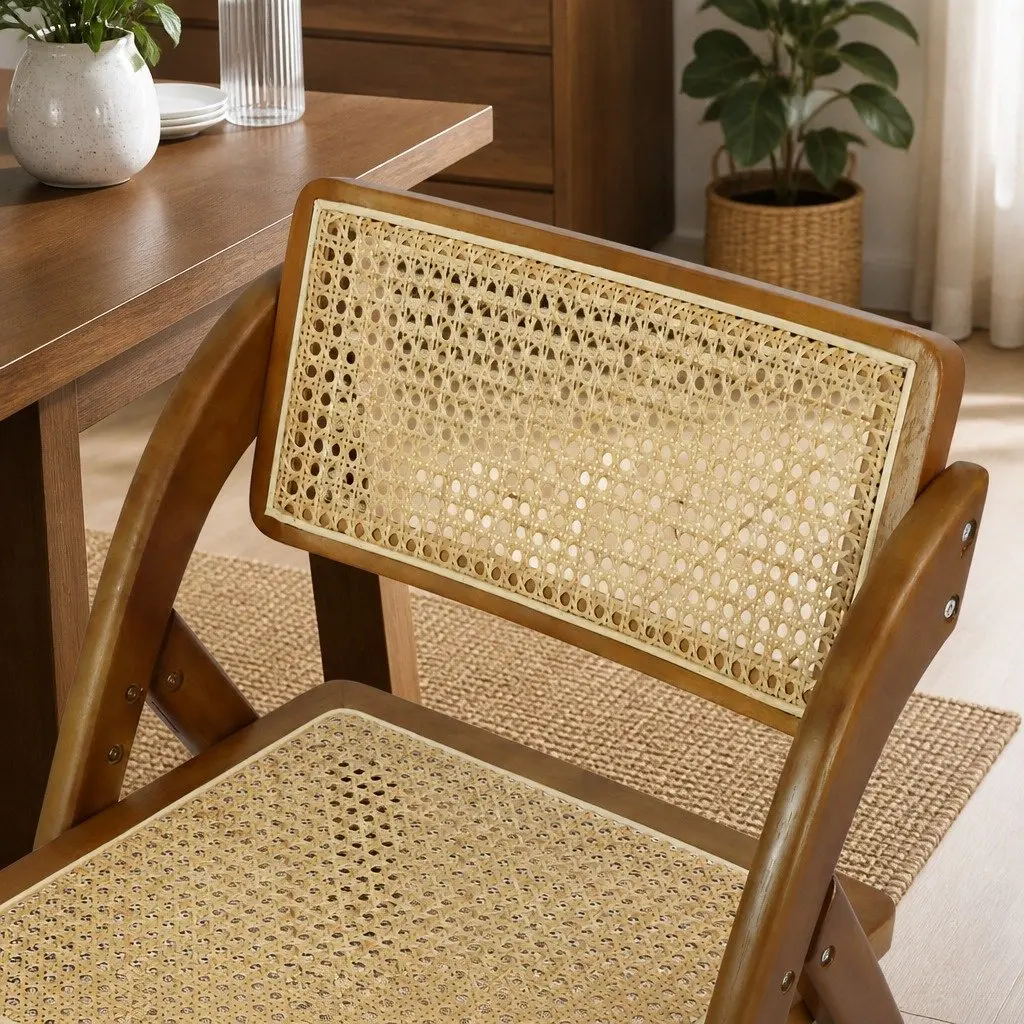 Foldable Rattan Dining Chairs Walnut Wood Frame Set of 4