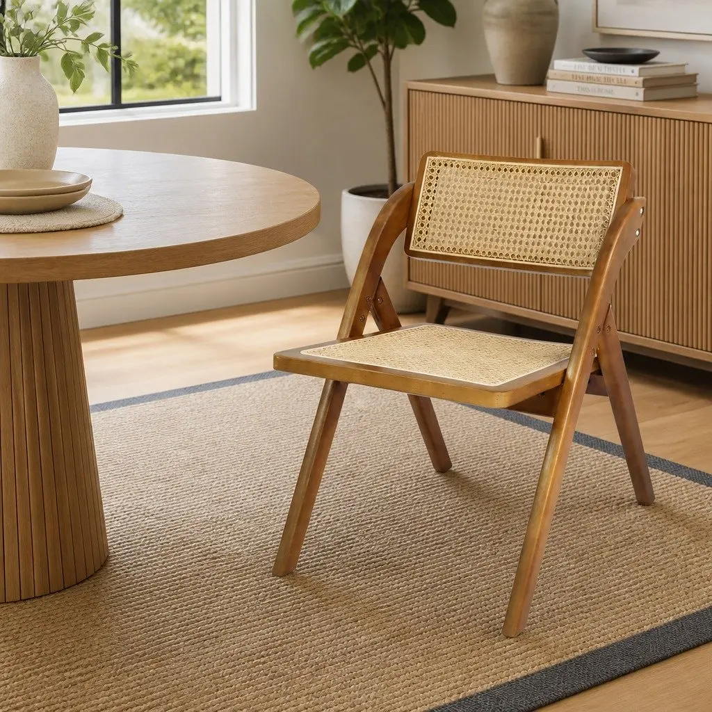 Foldable Rattan Dining Chairs Walnut Wood Frame Set of 4