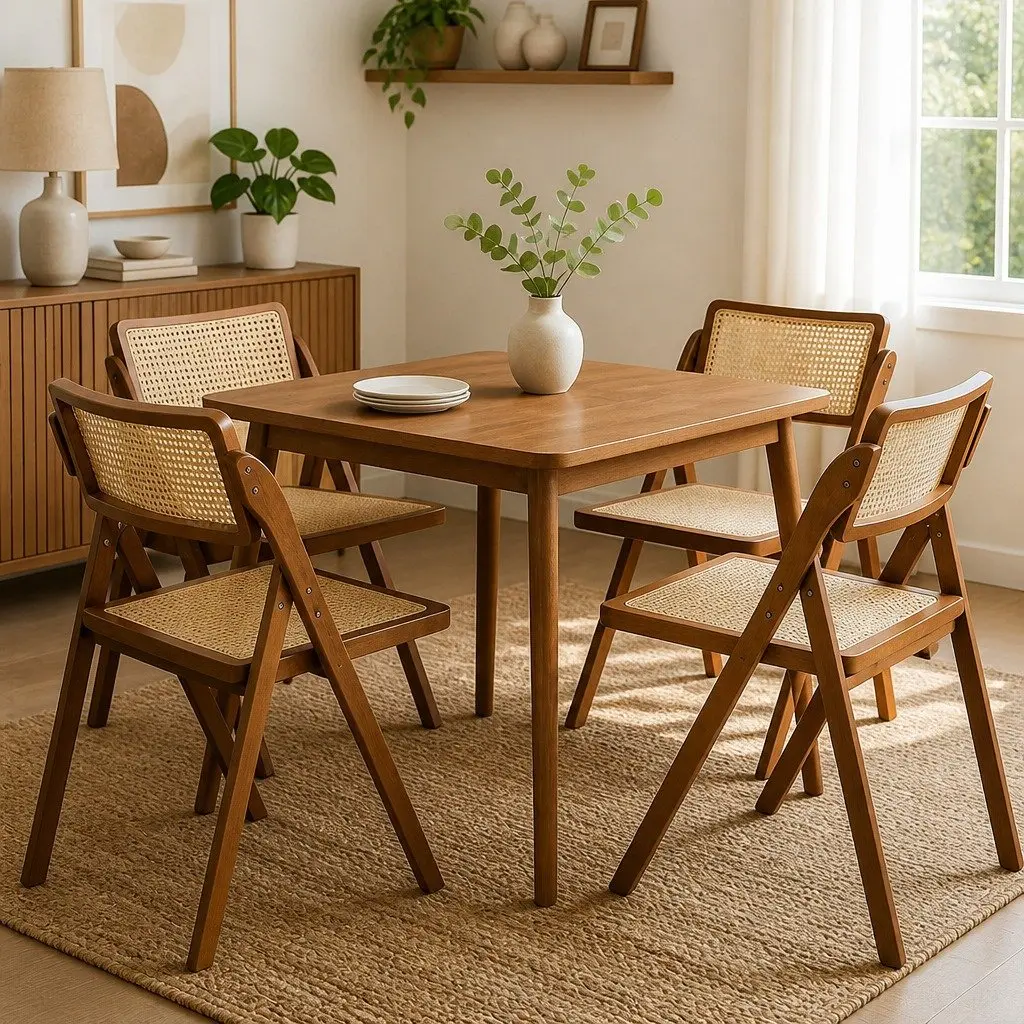 Foldable Rattan Dining Chairs Walnut Wood Frame Set of 4