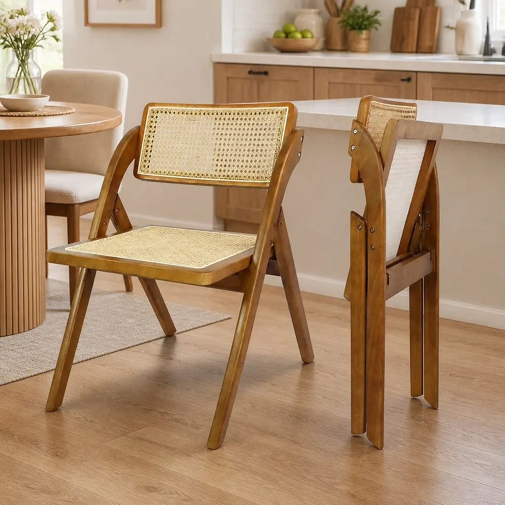 Foldable Rattan Dining Chairs Walnut Wooden Seat Indoor Furniture Set of 2