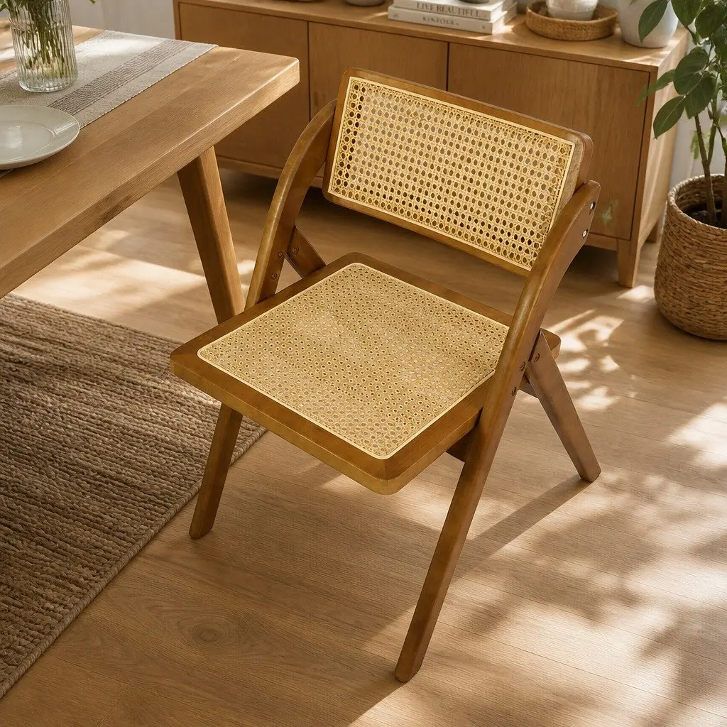 Foldable Rattan Dining Chairs Walnut Wooden Seat Indoor Furniture Set of 2