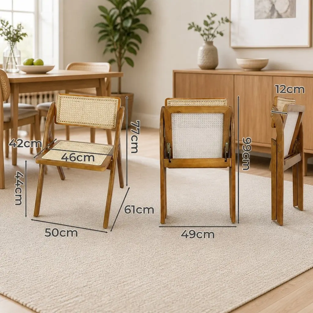 Foldable Rattan Dining Chairs Walnut Wooden Seat Indoor Furniture Set of 2