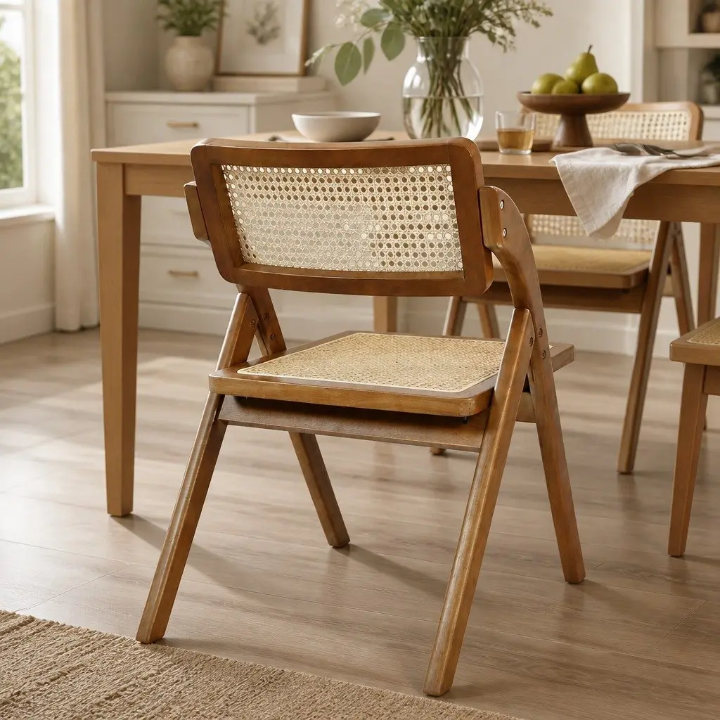 Foldable Rattan Dining Chairs Walnut Wooden Seat Indoor Furniture Set of 2