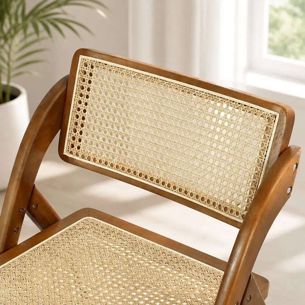 Foldable Rattan Dining Chairs Walnut Wooden Seat Indoor Furniture Set of 2
