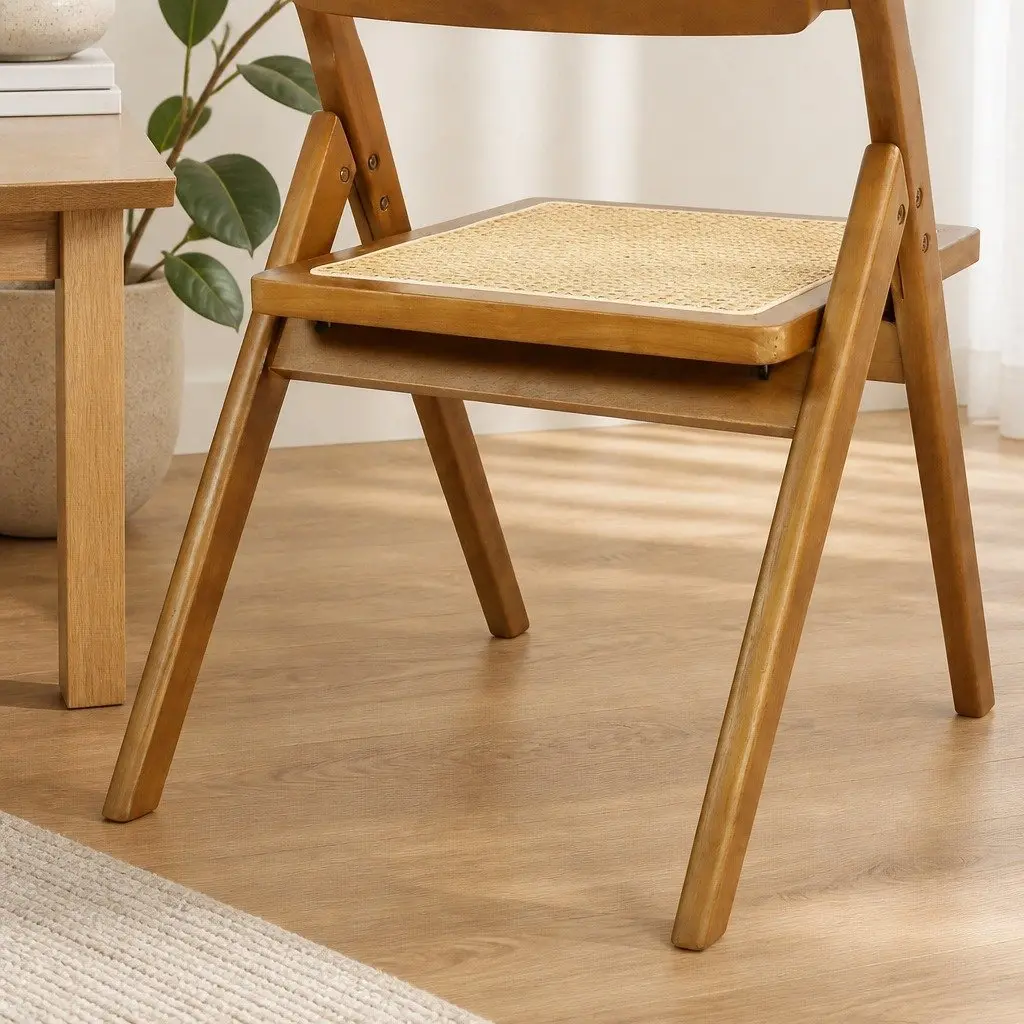 Foldable Rattan Dining Chairs Walnut Wooden Seat Indoor Furniture Set of 2