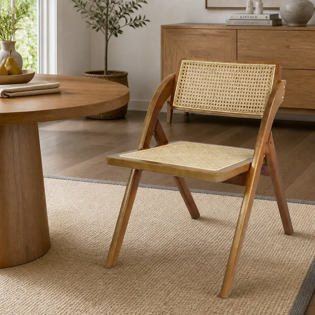 Foldable Rattan Dining Chairs Walnut Wooden Seat Indoor Furniture Set of 2