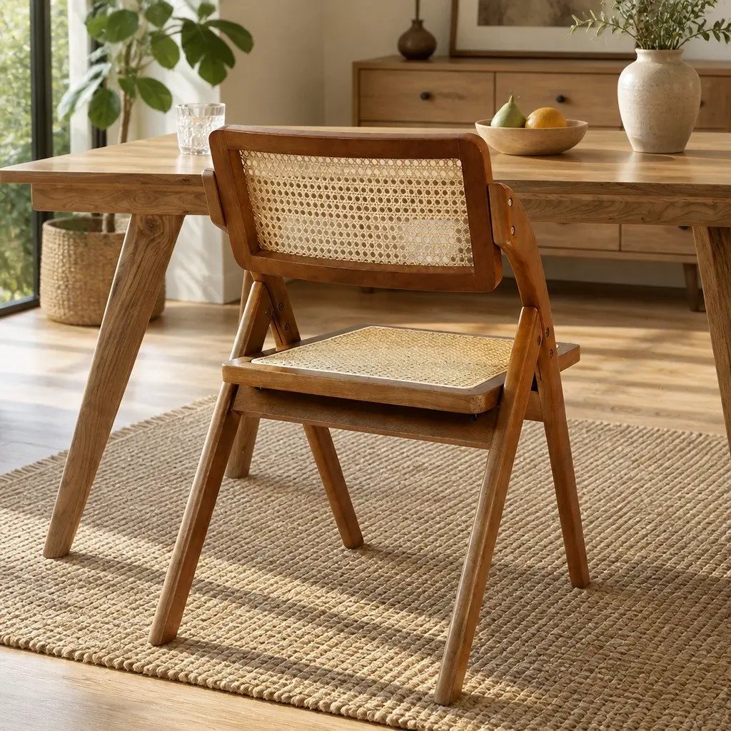 Foldable Rattan Dining Chairs Walnut Wooden Seat Indoor Furniture Set of 2