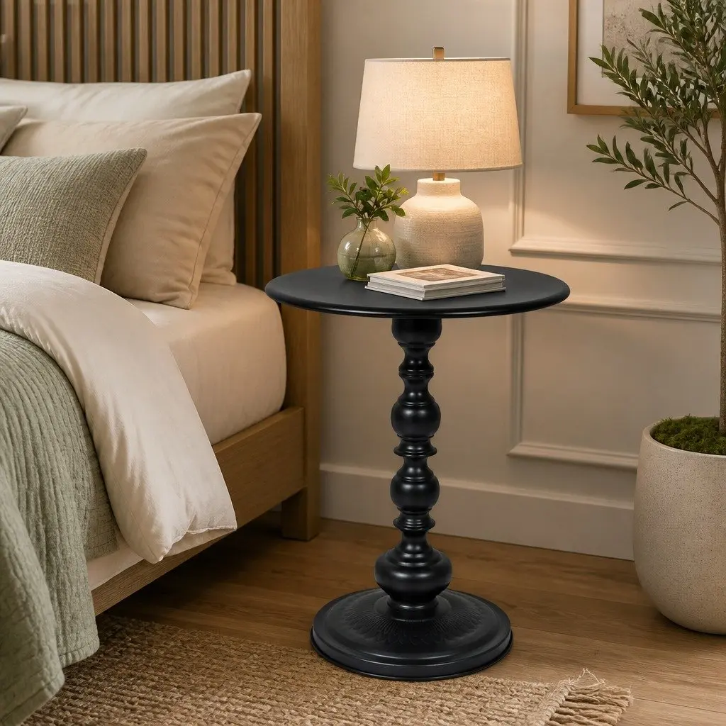 Round Side Table Vintage Black Metal Bedside End Table Indoor Outdoor