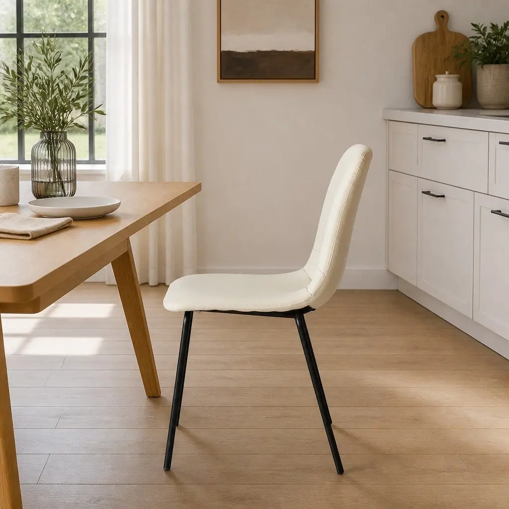 Stackable Dining Chairs Set of 8 Beige PU Leather Ergonomic Backrest Steel Frame