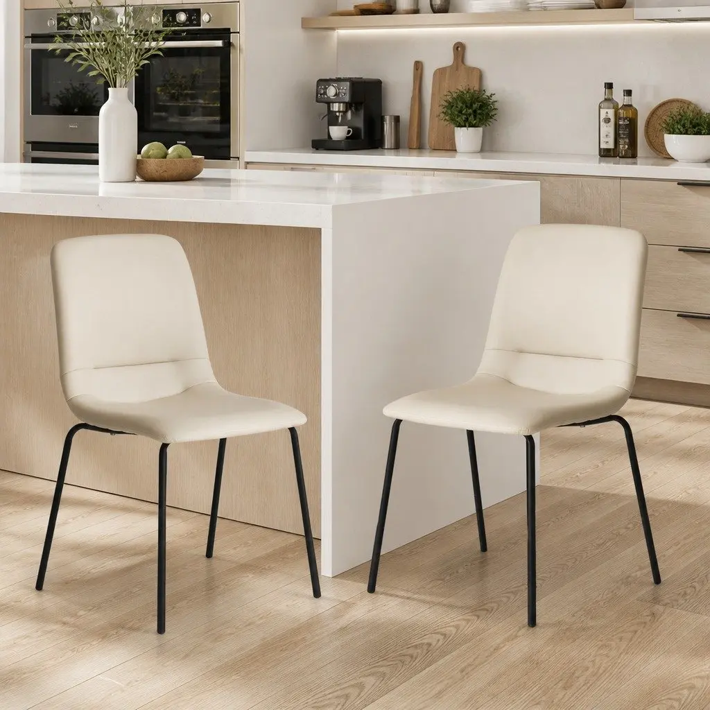 Stackable Dining Chairs Set of 8 Beige PU Leather Ergonomic Backrest Steel Frame