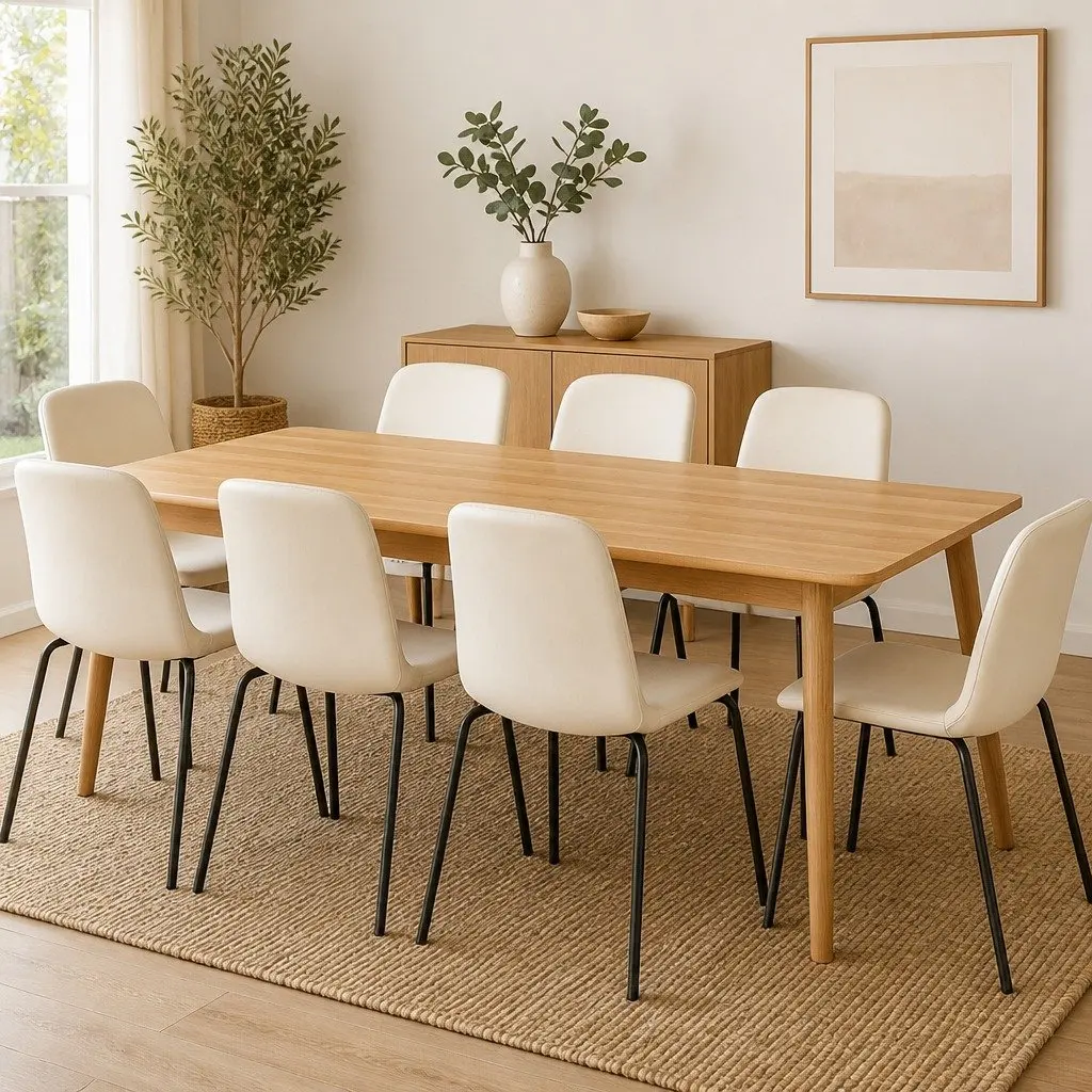 Stackable Dining Chairs Set of 8 Beige PU Leather Ergonomic Backrest Steel Frame