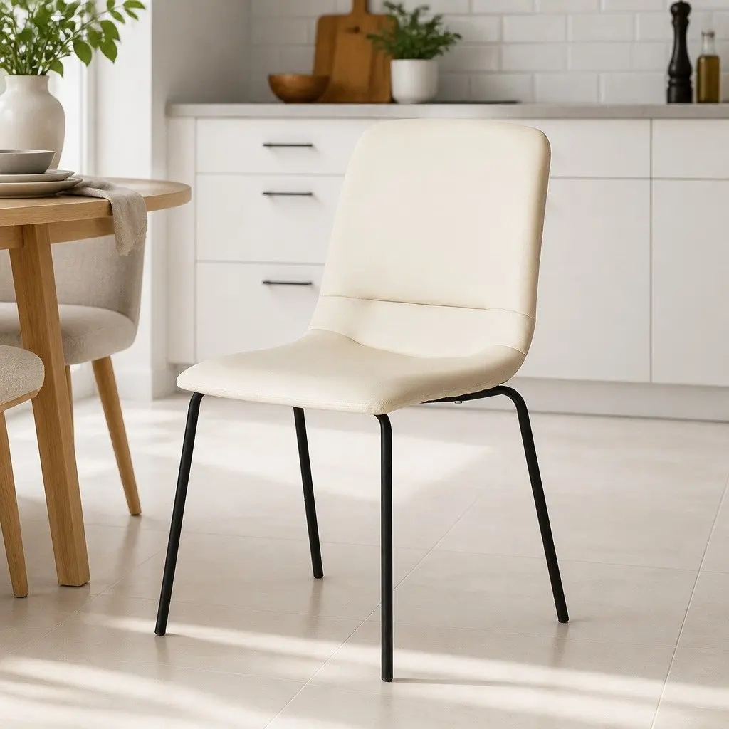Stackable Dining Chairs Set of 8 Beige PU Leather Ergonomic Backrest Steel Frame