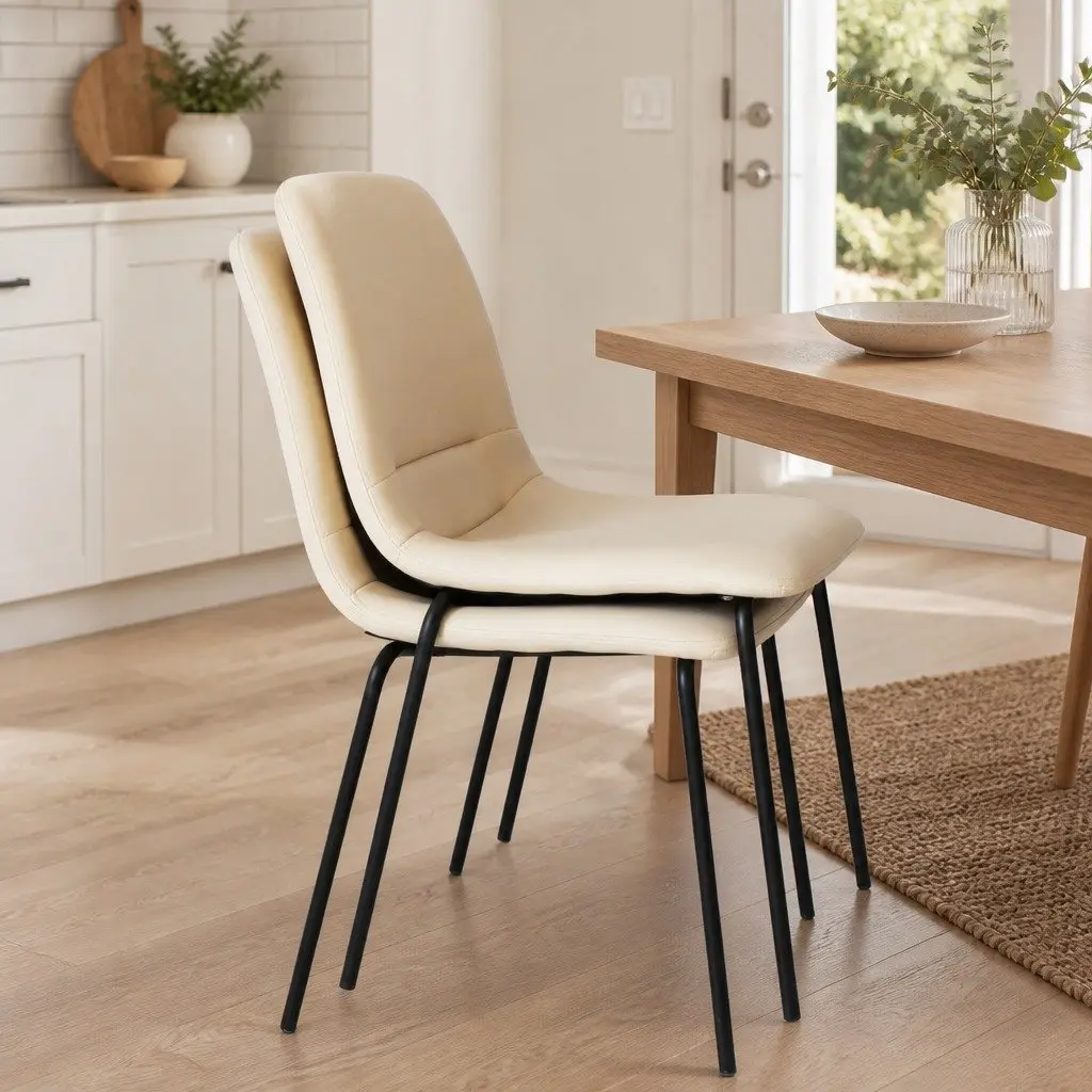 Stackable Dining Chairs Kitchen Seat PU Leather Steel Frame Beige Set of 4