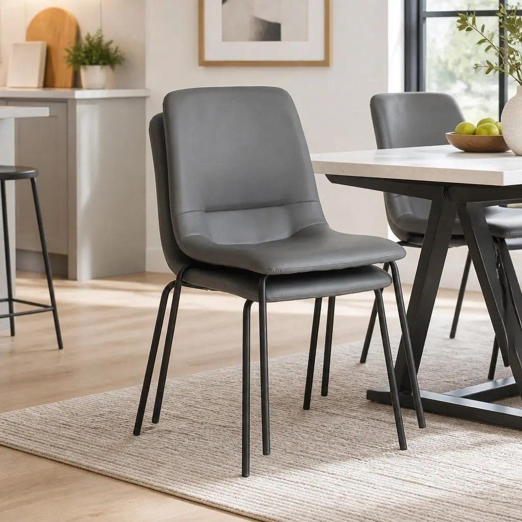 Stackable Dining Chair Grey PU Leather Steel Frame High-Density Foam