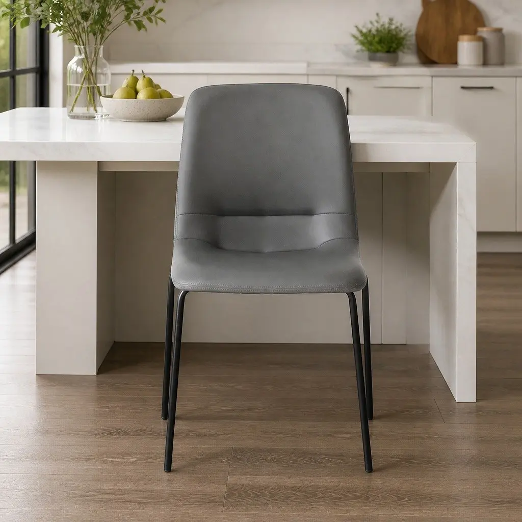 Stackable Dining Chair Grey PU Leather Steel Frame High-Density Foam