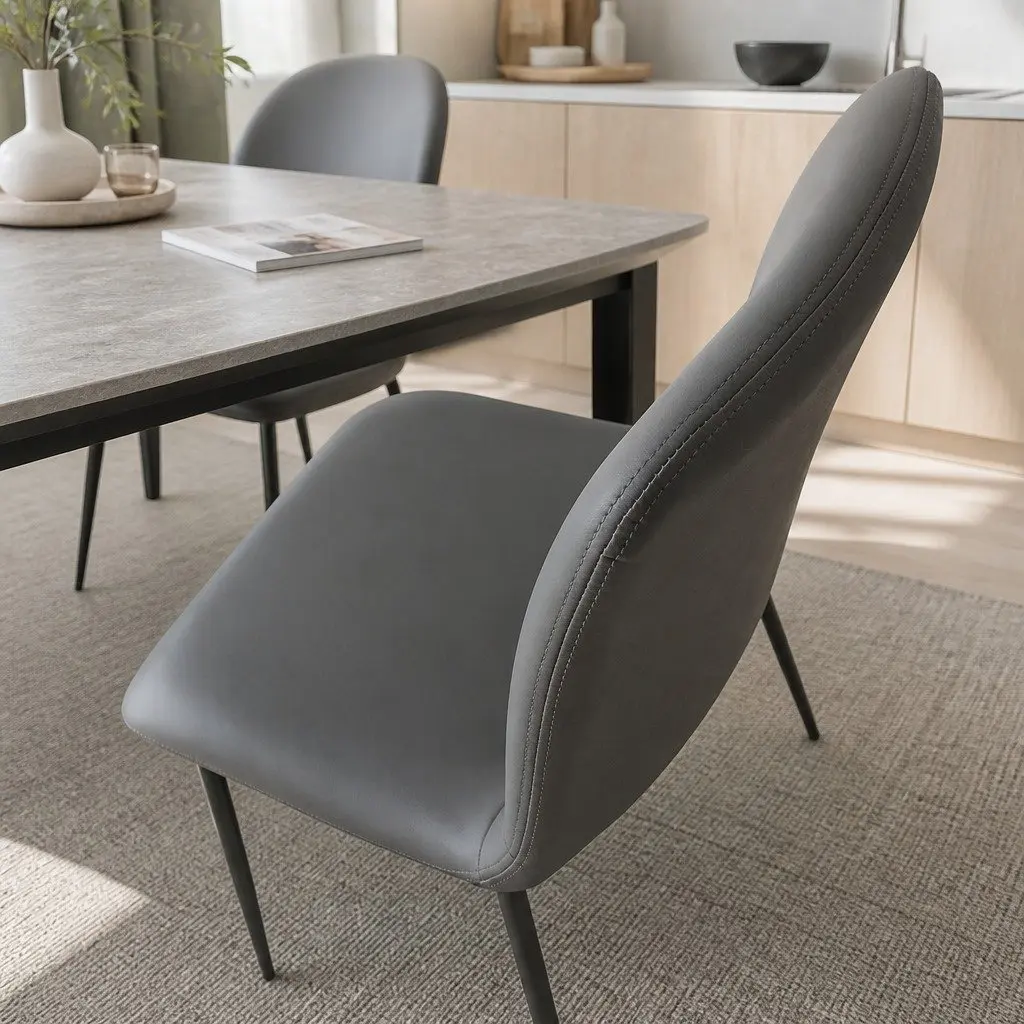 Stackable Dining Chair Grey PU Leather Steel Frame High-Density Foam