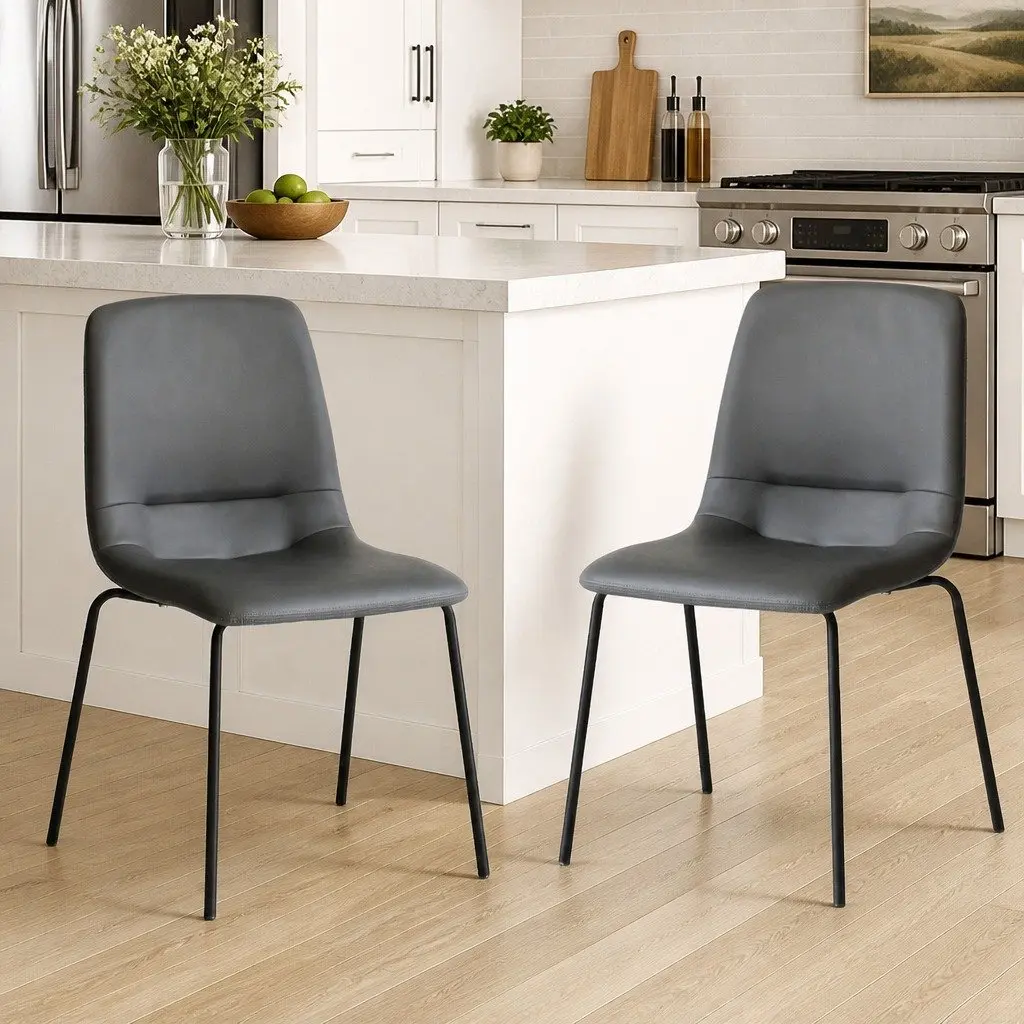 Stackable Dining Chair Grey PU Leather Steel Frame High-Density Foam
