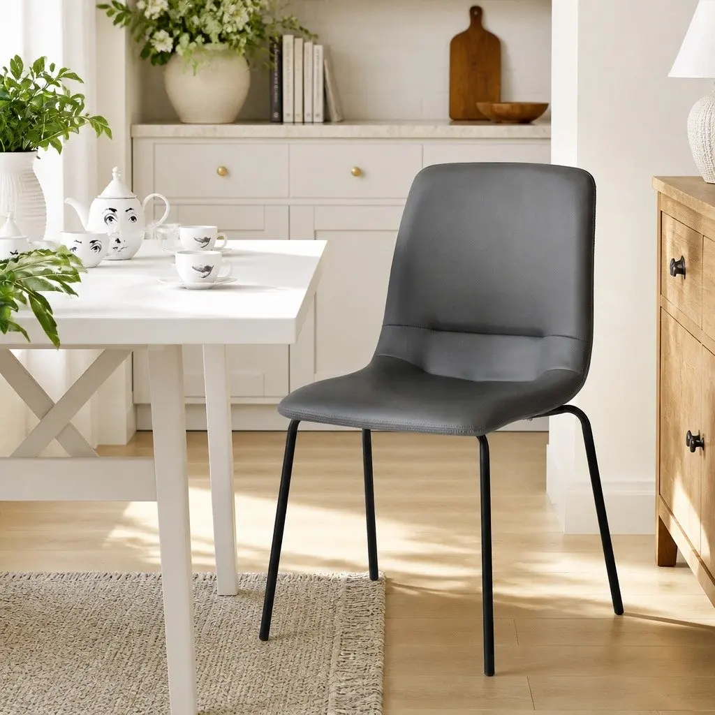 Stackable Dining Chair Grey PU Leather Steel Frame High-Density Foam