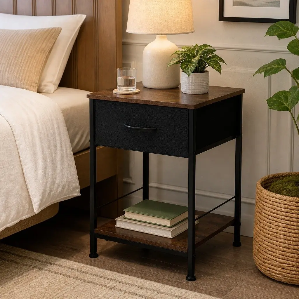 Bedside Table End Table Storage Metal Frame MDF Top with Drawer Shelf