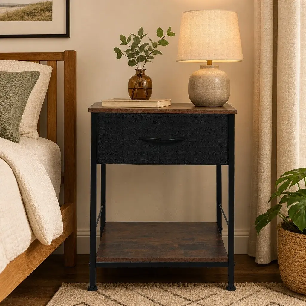 Bedside Table End Table Storage Metal Frame MDF Top with Drawer Shelf