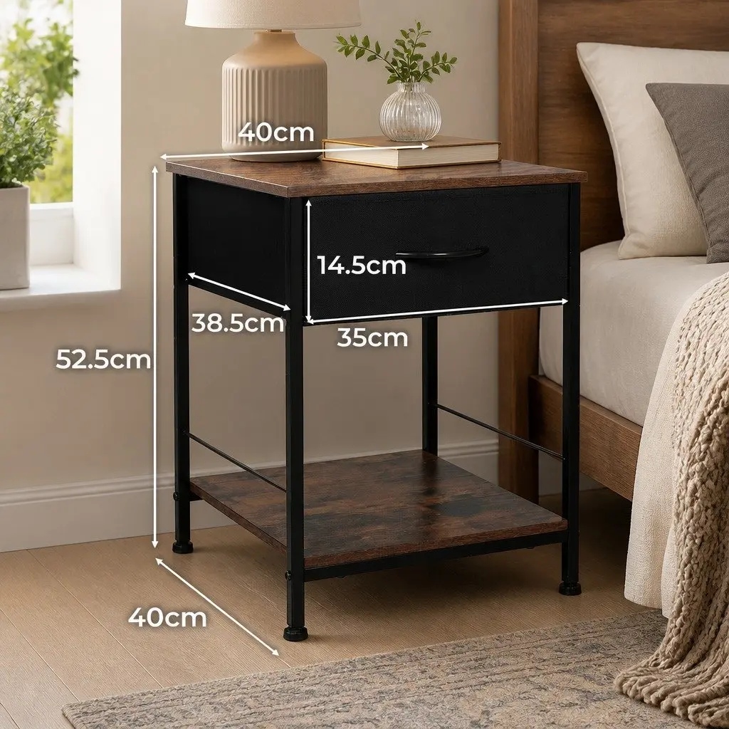 Bedside Table End Table Storage Metal Frame MDF Top with Drawer Shelf