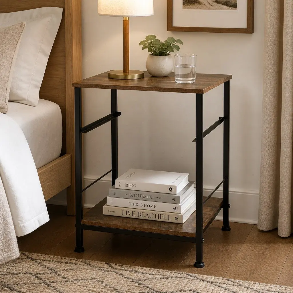 Bedside Table End Table Storage Metal Frame MDF Top with Drawer Shelf