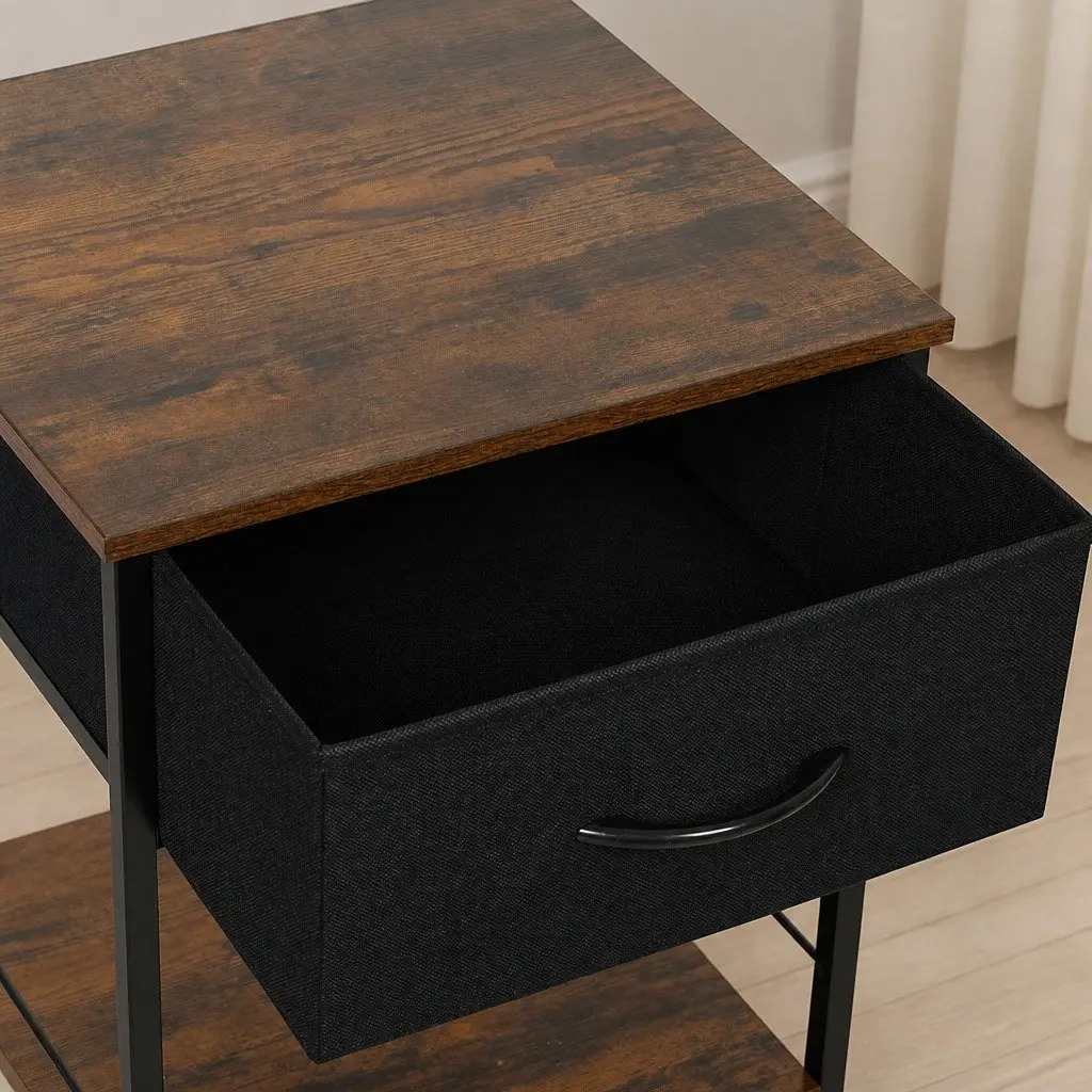 Bedside Table End Table Storage Metal Frame MDF Top with Drawer Shelf
