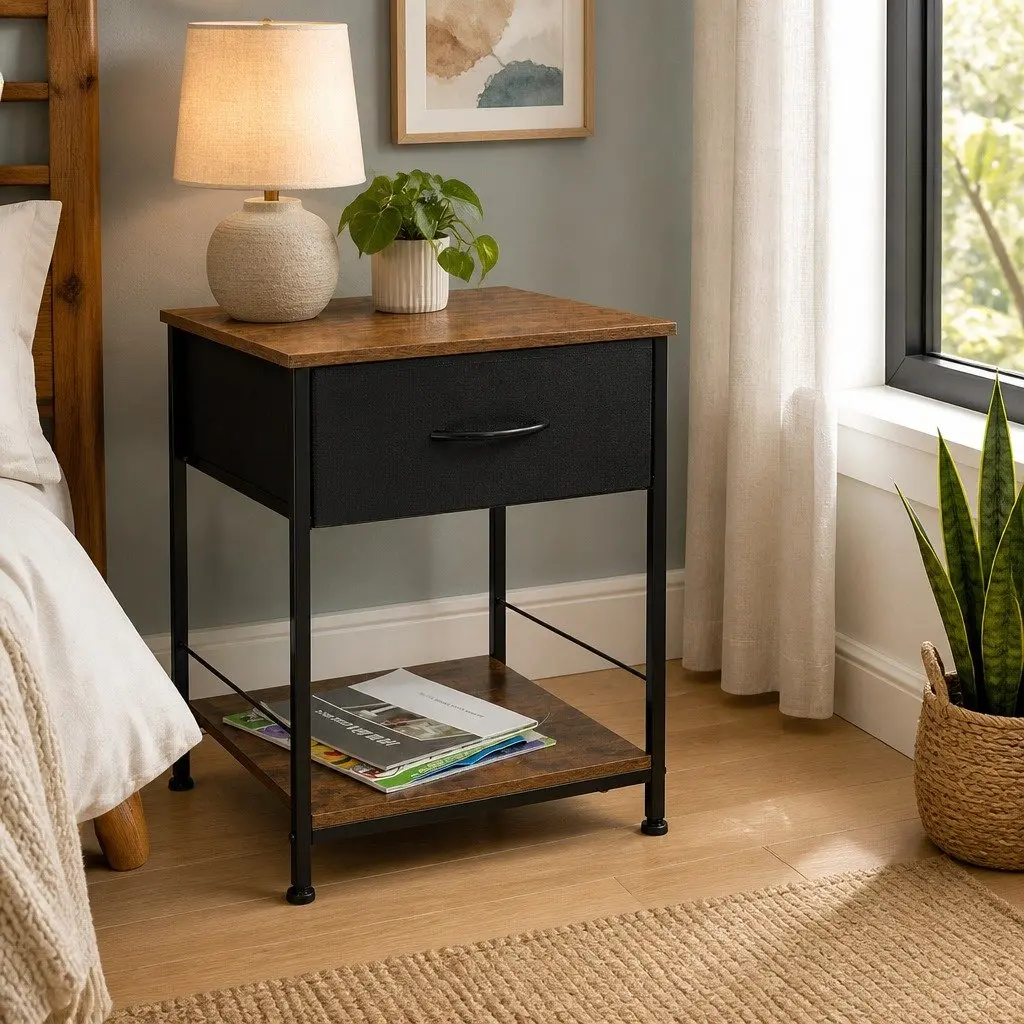 Bedside Table End Table Storage Metal Frame MDF Top with Drawer Shelf