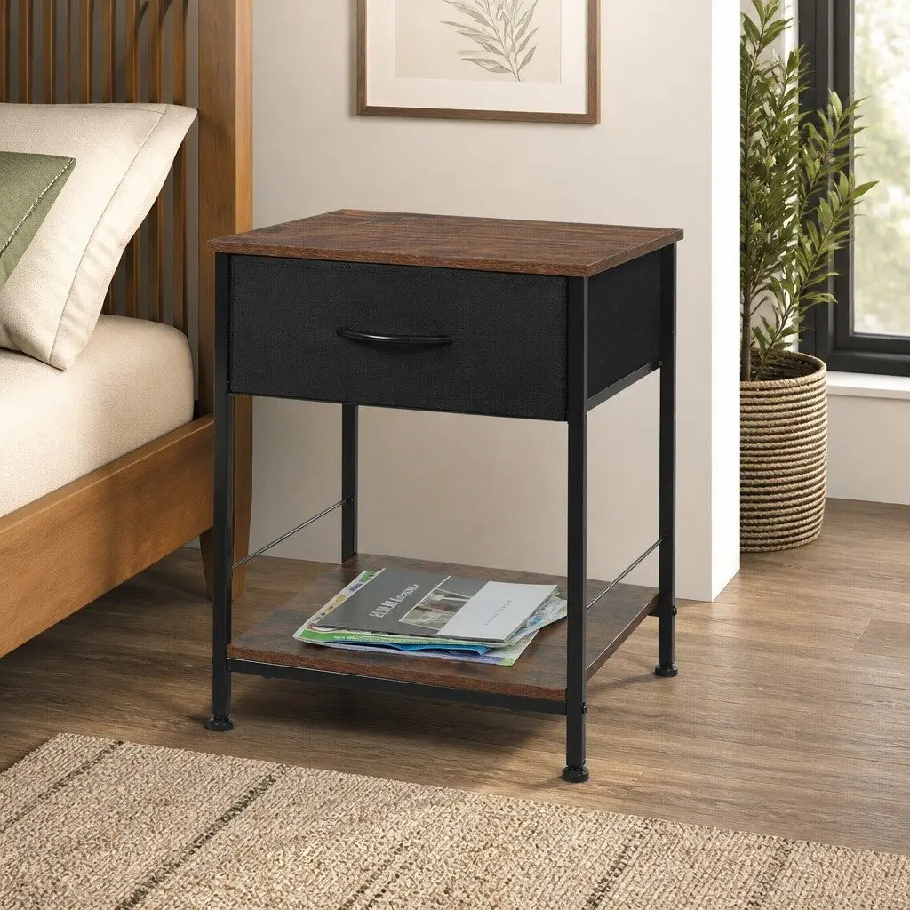 Bedside Table End Table Storage Metal Frame MDF Top with Drawer Shelf