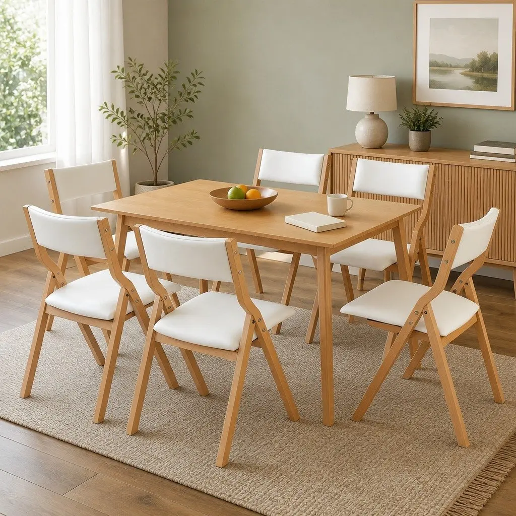 Set of 6 Folding Dining Chairs in Beige