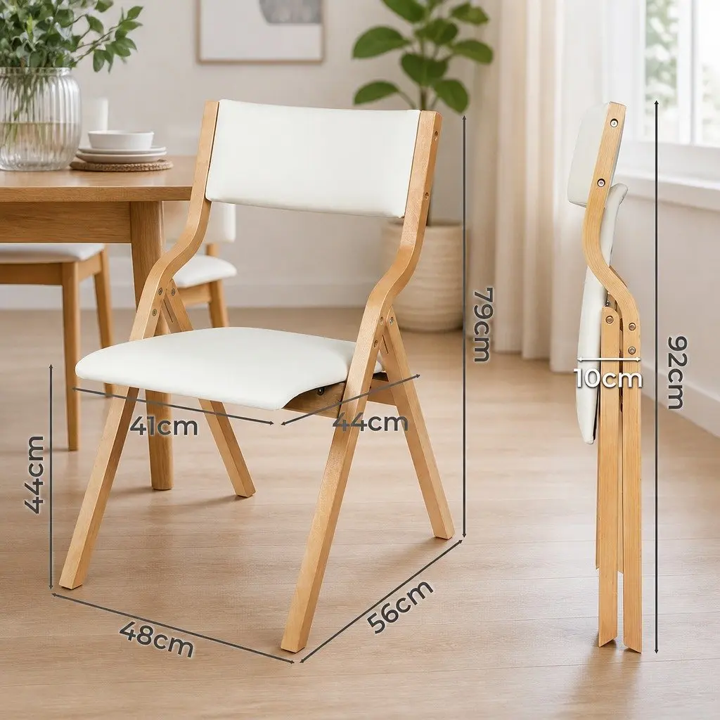 Solid Wood Frame Foldable Dining Chairs Set of 2 Beige PU Leather Seat Kitchen Furniture