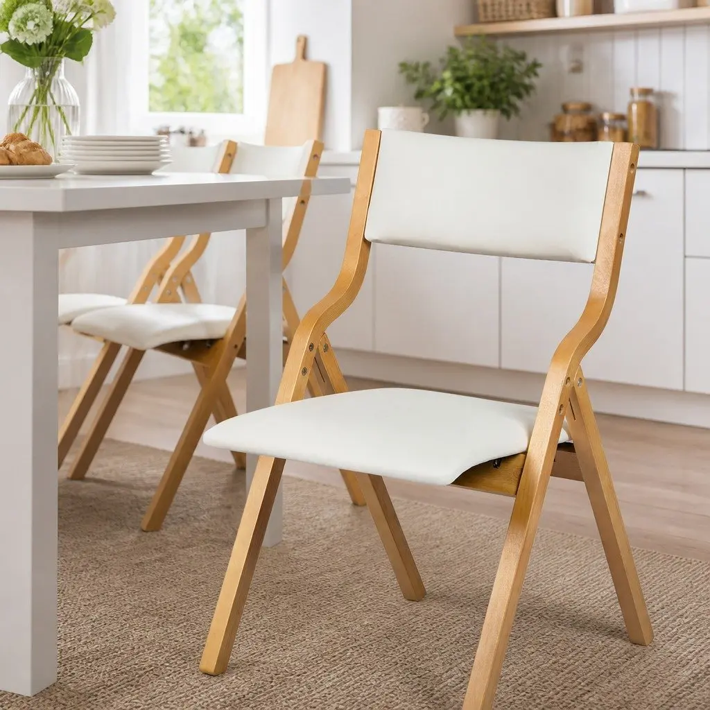Solid Wood Frame Foldable Dining Chairs Set of 2 Beige PU Leather Seat Kitchen Furniture