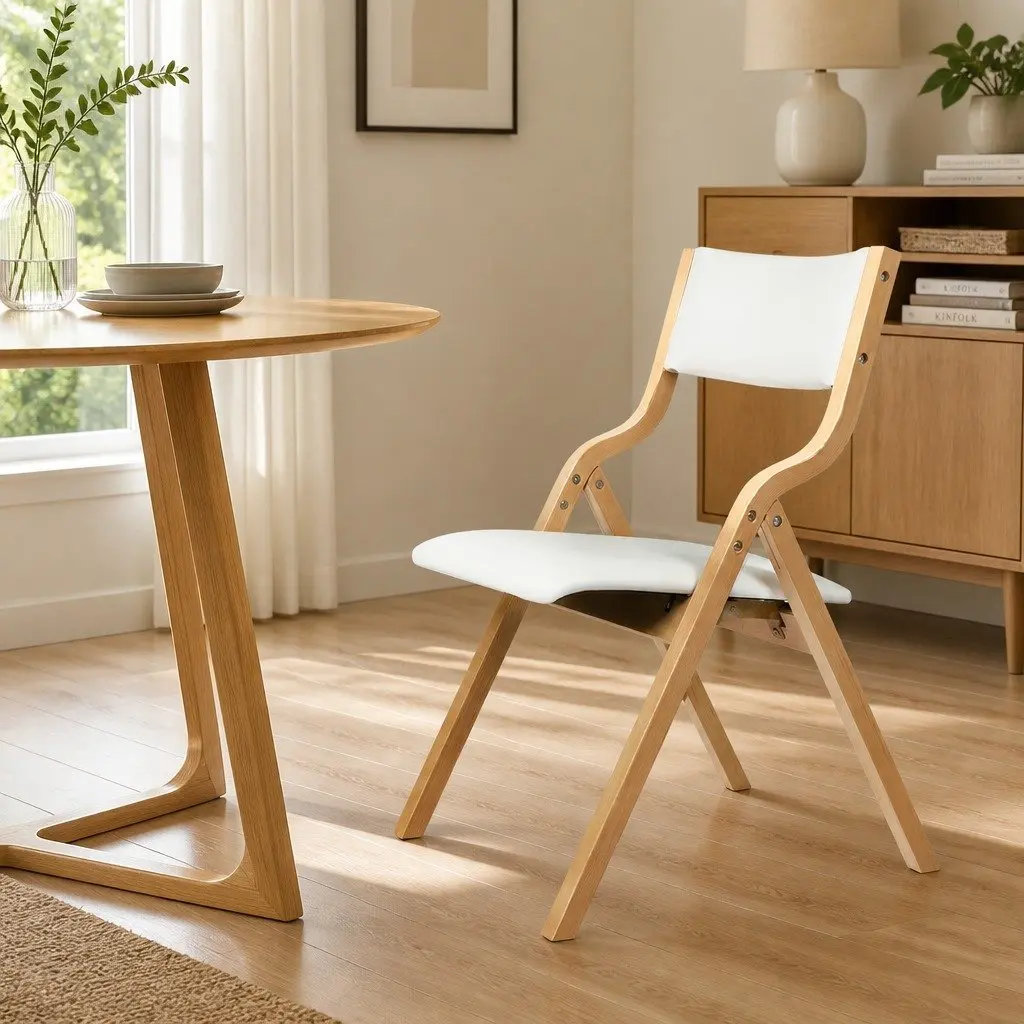 Solid Wood Frame Foldable Dining Chairs Set of 2 Beige PU Leather Seat Kitchen Furniture