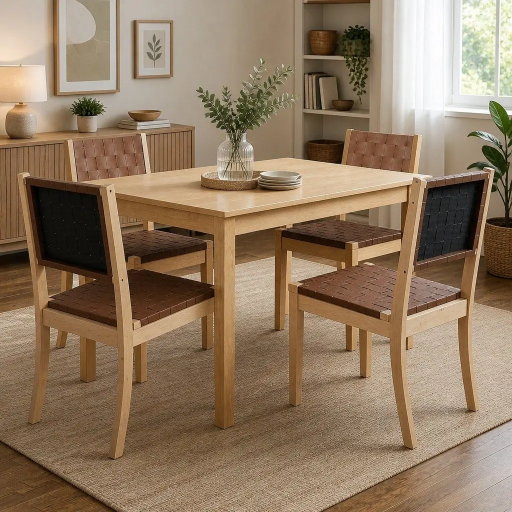 Dining Chairs Set of 4 Beech Wood PU Leather Seat Tan