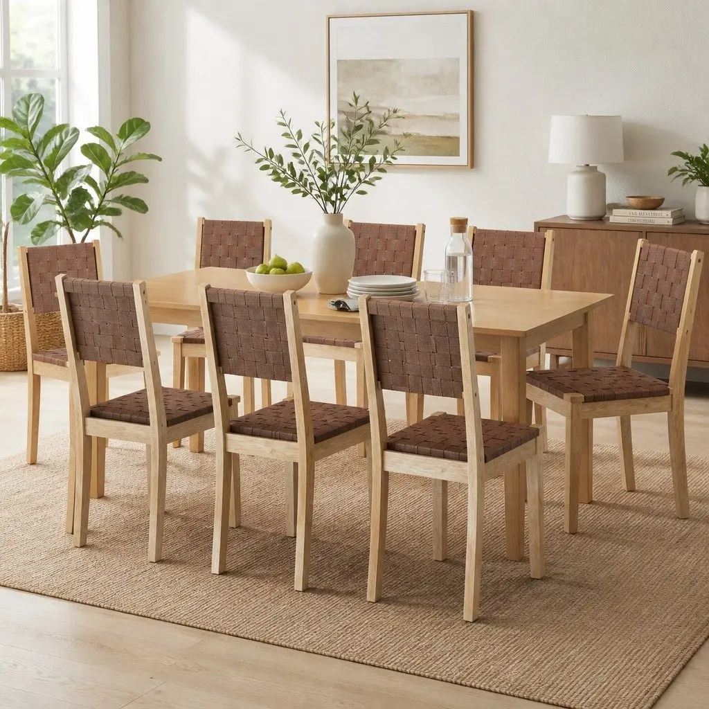 Dining Chairs Set of 8 PU Leather Tan Solid Beech Wood Frame Accent Kitchen Lounge