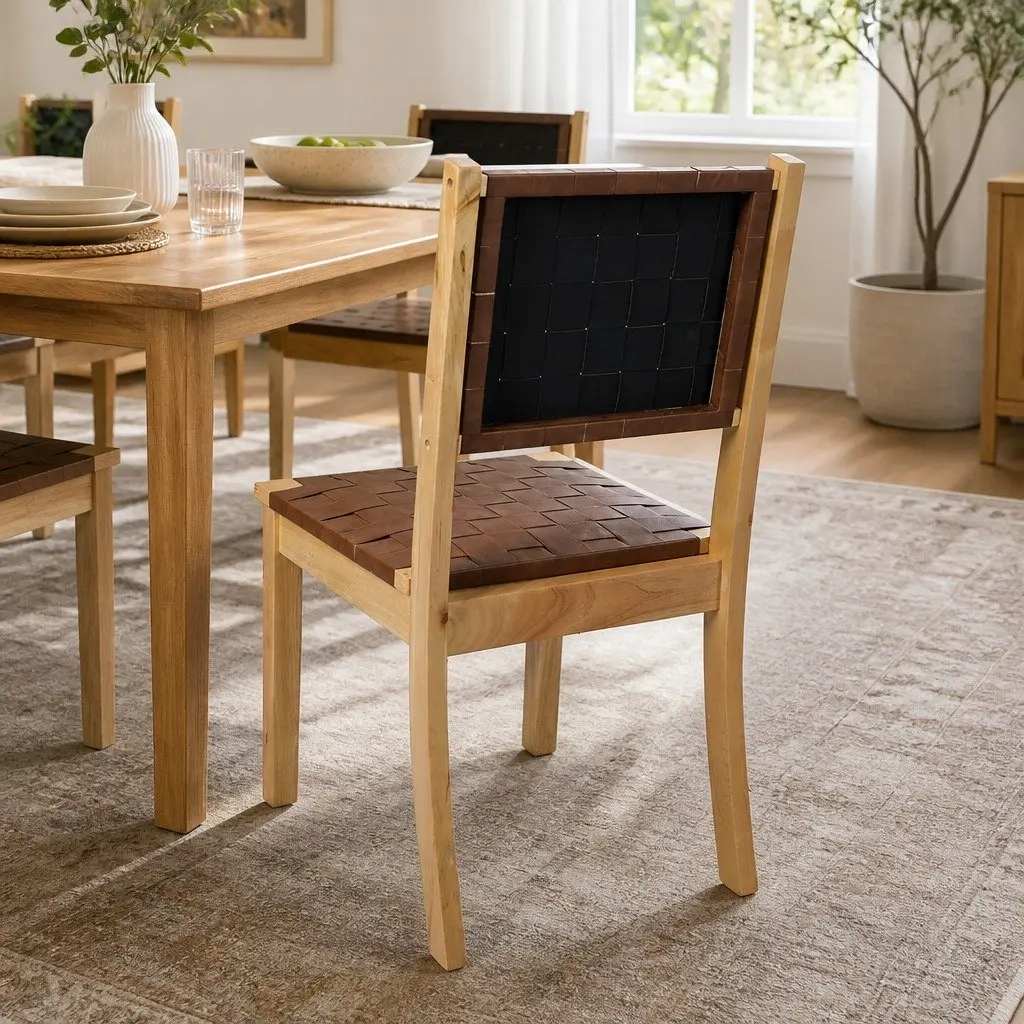 Dining Chairs Set of 8 PU Leather Tan Solid Beech Wood Frame Accent Kitchen Lounge