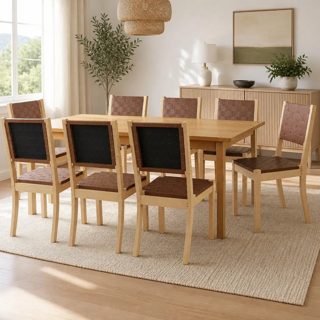Dining Chairs Set of 8 PU Leather Tan Solid Beech Wood Frame Accent Kitchen Lounge