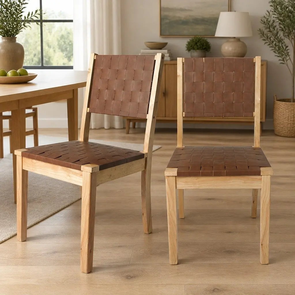 Dining Chairs Solid Wood Frame Leatherette Seat Tan 2 Piece