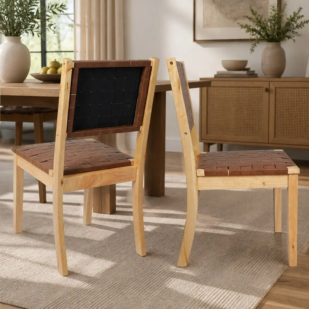 Dining Chairs Solid Wood Frame Leatherette Seat Tan 2 Piece