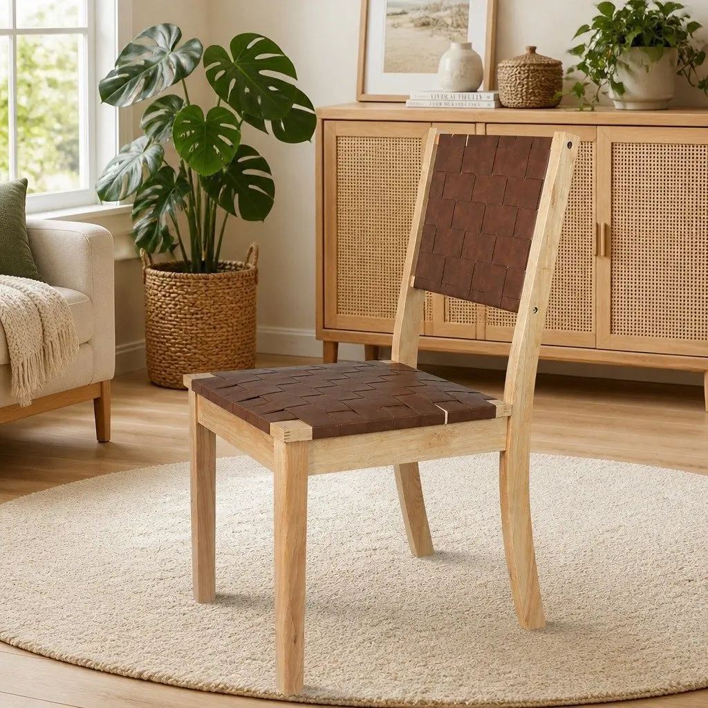 Dining Chairs Solid Wood Frame Leatherette Seat Tan 2 Piece