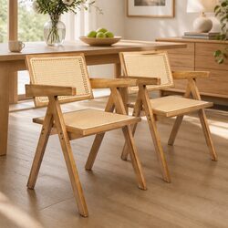 Dining Chair Rattan Weave Solid Wood Natural Set of 2 Comfortable Seat
